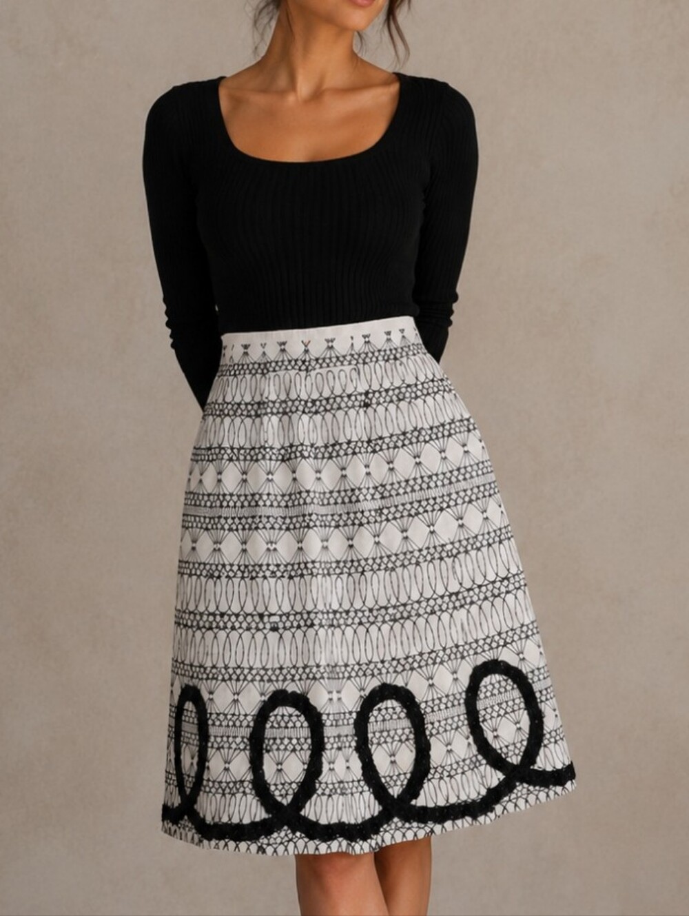 Linen Black Ivory Floral Embroidery Stripe Lace Abstract A-line Trumpet Skirt 10